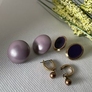 3 pairs-Flat, Oval purple button back post, small gold tone earrings